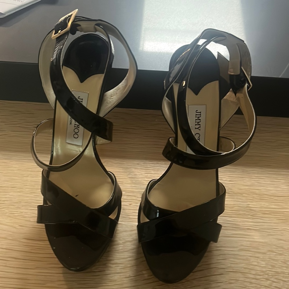Jimmy choo strappy black patent leather platform heels, size 39